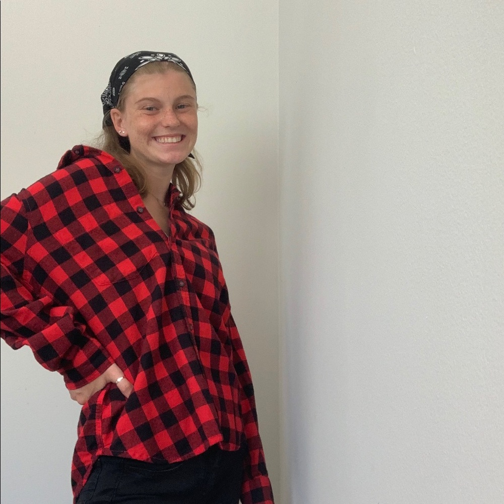 small red and black checkered button up